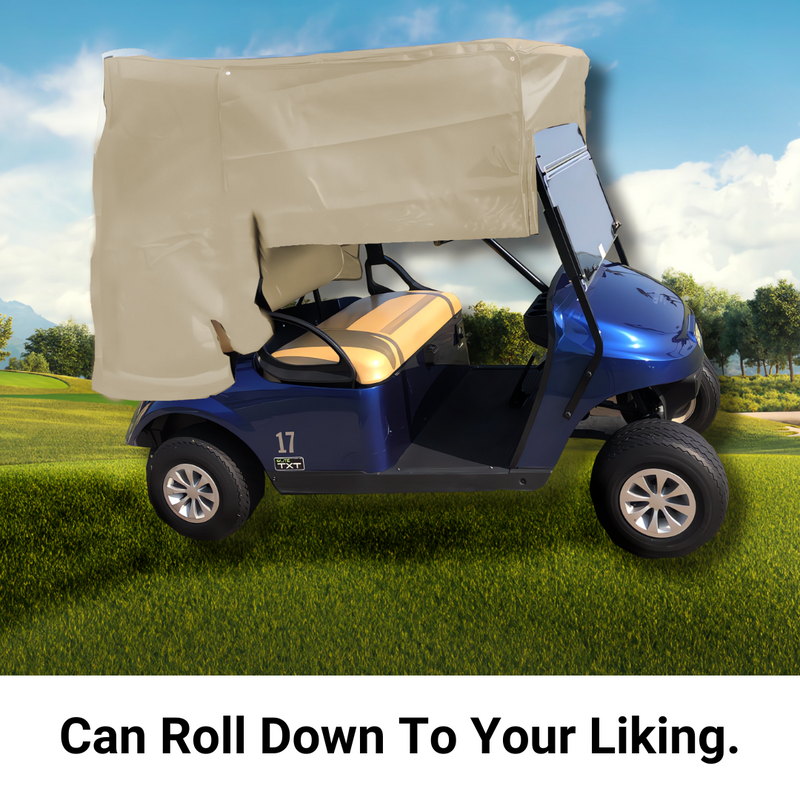 A golf cart with a beige Formosa Covers Golf Cart Sun Shade UV Mesh Top Cover for an 80" long roof, featuring breathable fabric sunshades that can be rolled down, parked on a grassy field under a clear blue sky. The text at the bottom reads, "Can Roll Down To Your Liking.