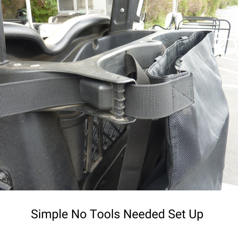 Close-up of the durable mesh fabric Golf Cart Mesh Utility Grocery Bag Attachment (Universal Fit) by Formosa Covers, secured to a vehicle with a strap and buckle mechanism, demonstrating a no-tools-needed setup. The black bag is attached to a metallic frame, and the text "Simple No Tools Needed Set Up" is displayed at the bottom.