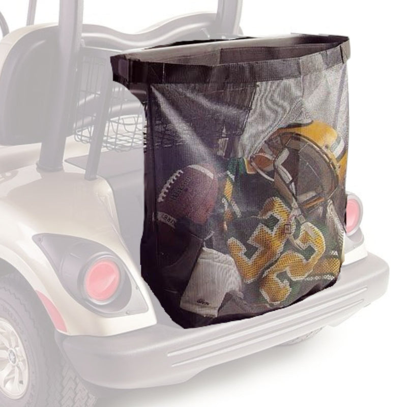 A sleek off-white golf cart is equipped with the Golf Cart Mesh Utility Grocery Bag Attachment (Universal Fit) from Formosa Covers, in black durable mesh fabric, attached to the back and containing various sports equipment like footballs and a helmet.