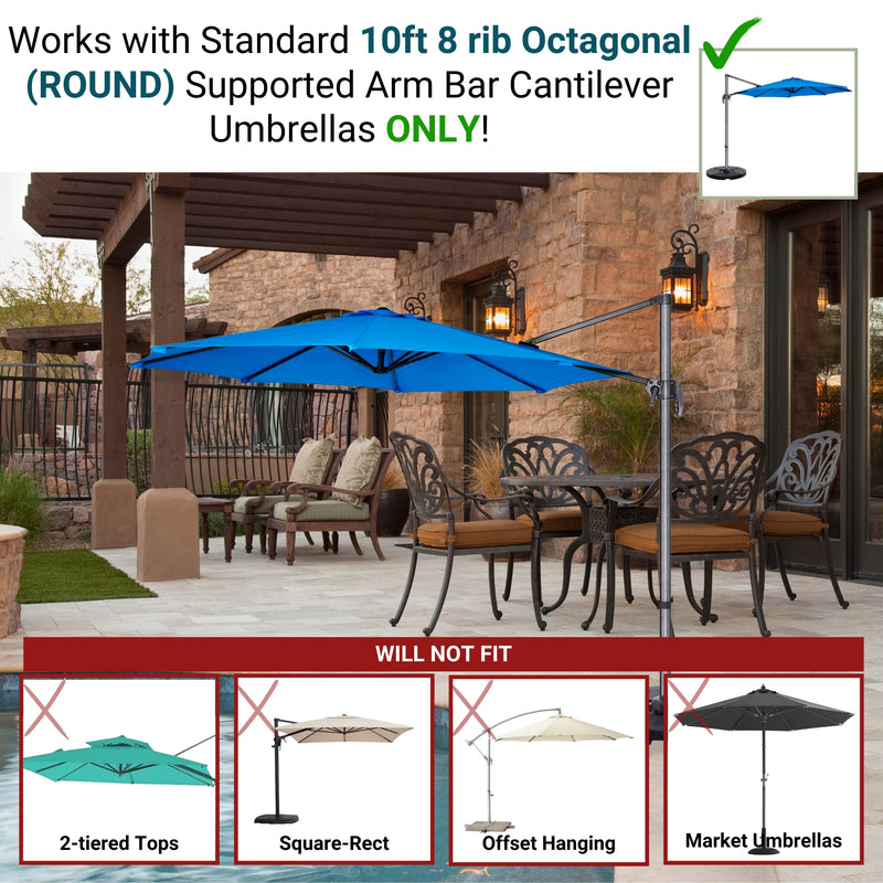 A patio features a table with chairs under a Formosa Covers 10ft Cantilever Supported Bar Umbrella. This 8-rib, octagonal-shaped umbrella is designed with Durable Olefin Fabric in Capri Blue that is UV treated and water-resistant. The text indicates that this particular type and size of umbrella are compatible, unlike other designs such as 2-tiered, square-rectangular, and offset models.