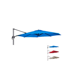 A 10ft Cantilever Supported Bar Umbrella with a Capri Blue Olefin canopy extended, attached to a black metal stand. Below it, three smaller images show the Formosa Covers 10ft Cantilever Supported Bar Umbrella with 8 Rib Replacement Canopies in red, navy blue, and beige. The stand allows the replacement patio umbrella canopy made from durable olefin fabric to hang freely over an area.