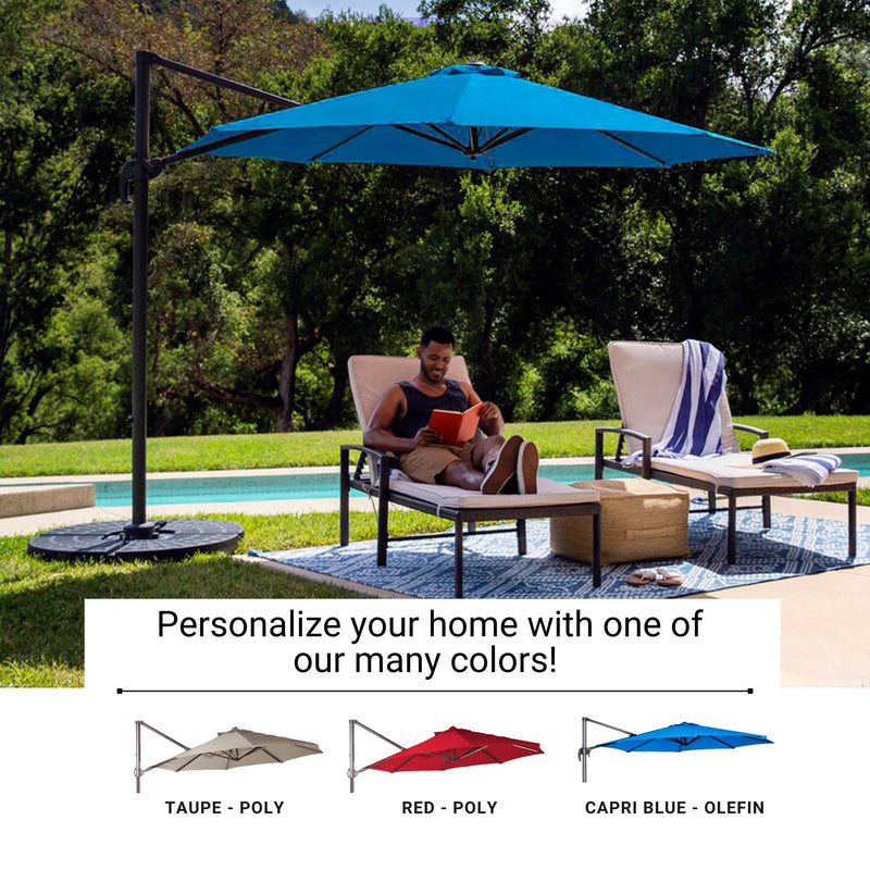 A man relaxes on a patio chair, engrossed in a book under the expansive shade of an 11ft Cantilever Supported Bar Umbrella with an 8 Rib Replacement Canopy in Capri Blue Olefin Fabric by Formosa Covers. The setting is idyllic by a swimming pool, bordered by lush greenery. At the bottom, there’s a message: “Personalize your home with one of our many colors!” showcasing images of durable olefin fabric umbrellas available in taupe, red, and blue.