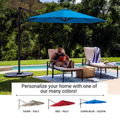 A man relaxes on a patio chair, engrossed in a book under the expansive shade of an 11ft Cantilever Supported Bar Umbrella with an 8 Rib Replacement Canopy in Capri Blue Olefin Fabric by Formosa Covers. The setting is idyllic by a swimming pool, bordered by lush greenery. At the bottom, there’s a message: “Personalize your home with one of our many colors!” showcasing images of durable olefin fabric umbrellas available in taupe, red, and blue.