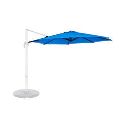 The Formosa Covers 11ft Cantilever Supported Bar Umbrella features a Capri Blue olefin fabric canopy. With its large, freestanding design and off-center silver pole and base, this umbrella delivers ample UV-treated shade. The versatile cantilever system ensures it provides optimal coverage against any white backdrop.