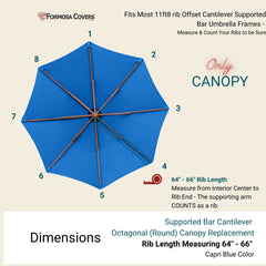 Image showcasing the Formosa Covers 11ft Cantilever Supported Bar Umbrella 8 Rib Replacement Canopy. The canopy, in a striking Capri Blue, is made from durable olefin fabric and designed to fit rib lengths of 64