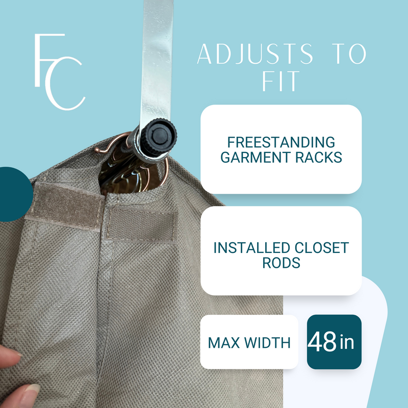 An image showcasing a Closet Rod and Portable Clothing Rack Shoulder Garment Dust Cover hanging on a rod with text overlay. The text reads, "ADJUSTS TO FIT FREESTANDING GARMENT RACKS, INSTALLED CLOSET RODS, ADJUSTABLE FROM 26 in TO 48 in." Made from breathable woven polypropylene fabric. The background is light blue with the "Formosa Covers" logo in the top left corner.