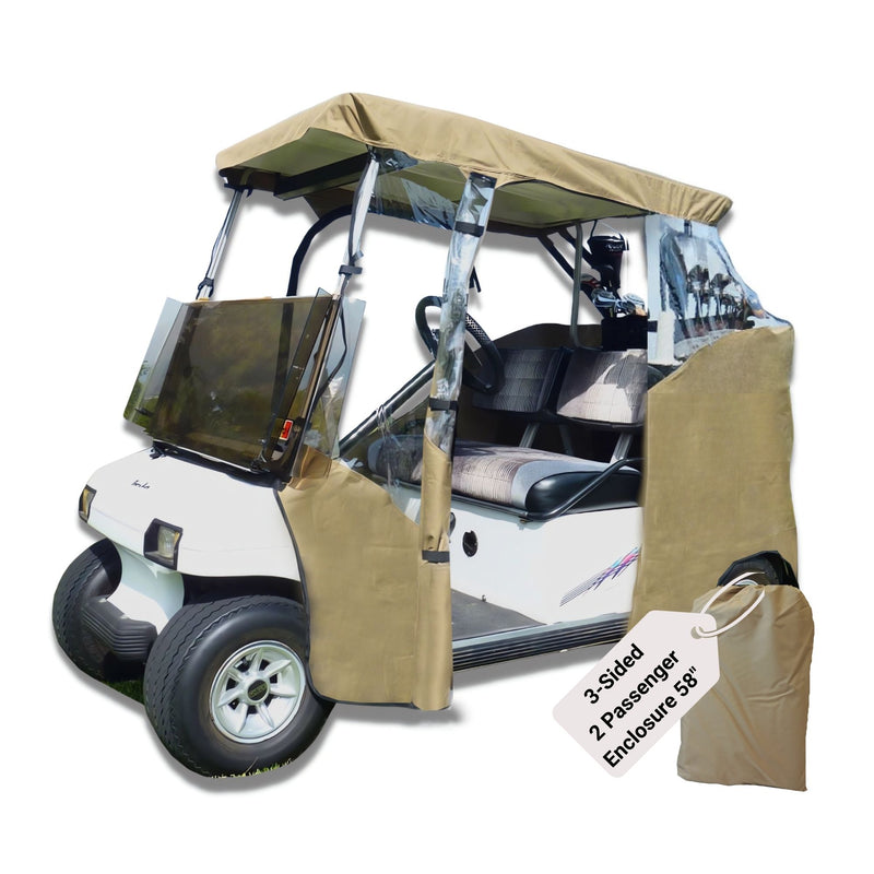 The Formosa Covers 2 Passenger 3 Sides Golf Cart Driving Enclosure Cover Open Front Taupe is designed to accommodate a two-passenger golf cart. Featuring clear plastic windows, the stylish taupe enclosure provides excellent protection from the elements. The cart itself boasts a sleek white body with contrasting black seats. Also displayed in the image is a convenient storage bag labeled "3-Sided 2 Passenger Enclosure 59"—making it an ideal waterproof cover for any golf cart enthusiast.