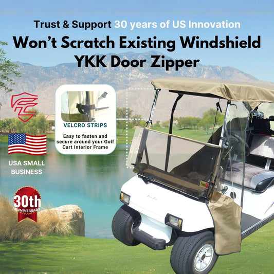 Image of a taupe 2-passenger golf cart with a clear windshield parked on a lush green golf course near a serene lake. Text overlay highlights features: "Waterproof Golf Cart Cover," "YKK Door Zipper," "Velcro Strips," and "30th Anniversary." The Formosa Covers logo and USA Small Business emblem included.