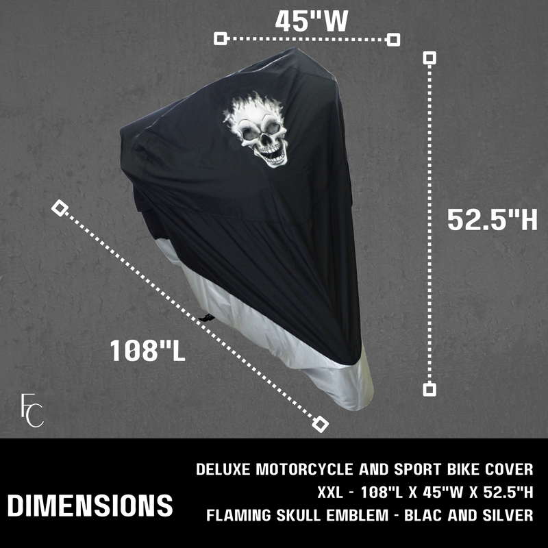 Deluxe Light Weight Motorcycle Cover with Flaming Skull Logo - Fits up to 108"L (XXL)