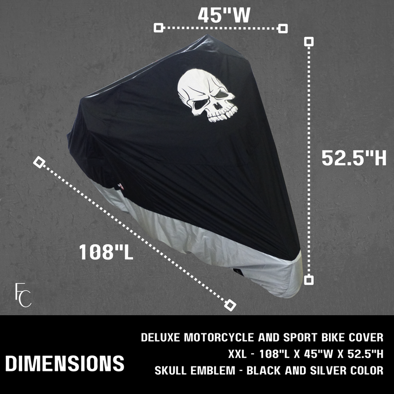 Deluxe Light Weight Motorcycle Cover with Skull Logo - Fits up to 108"L (XXL)