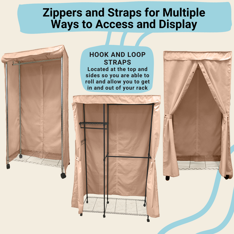 Three images of the **Portable Garment Rack Cover 36"W x 18"D x 68"H Khaki** by **Formosa Covers**. The khaki, washable garment cover features zippers and hook-and-loop straps for easy access and protection of clothing. Text reads: "Zippers and Straps for Multiple Ways to Access and Display" and "Hook-and-Loop Straps Located at the Top Sides.