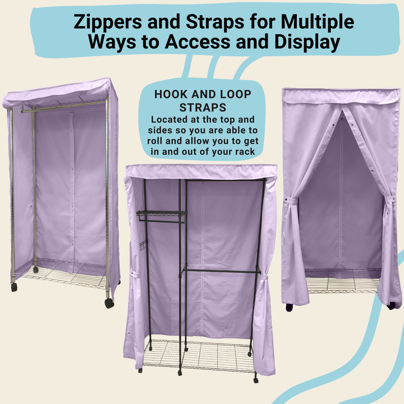 A lilac purple Portable Garment Rack Cover with a metal frame, wheels, and a zippered polyester fabric cover is shown in three views: front, side, and open front. Text above reads, "Zippers and Straps for Multiple Ways to Access and Display." Below, the text mentions "Hook and Loop Straps" to protect clothing for easy access. Product by Formosa Covers.