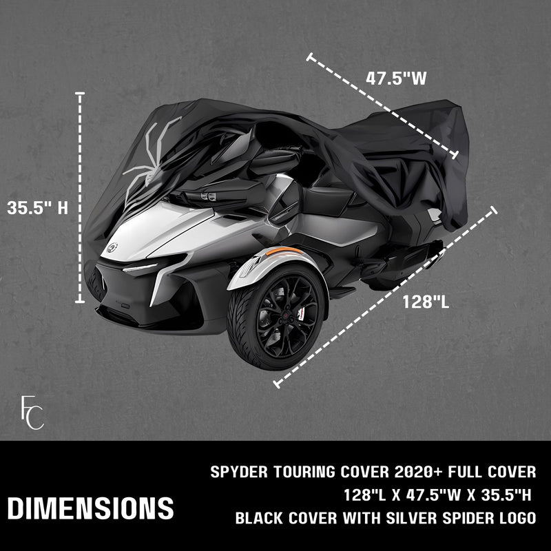 A three-wheeled motorcycle partially covered by a black cover with a silver spider logo. Text reads "DIMENSIONS" and lists the cover dimensions as 128" L x 47.5" W x 35.5" H. The vehicle is marketed as the "Can-Am Spyder Touring Model Full Cover for RT and ST Limited (2020)." Ideal Can-Am Spyder accessory by Formosa Covers, waterproof for optimal protection.