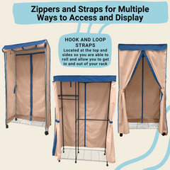 A diagram showcases the Formosa Covers Portable Garment Rack Cover, measuring 36