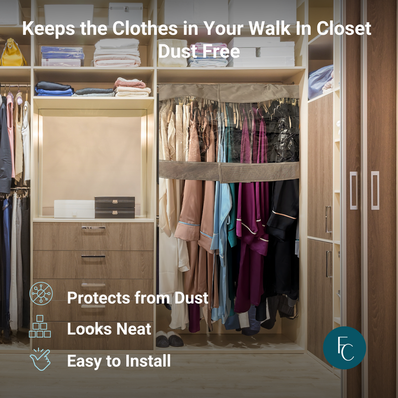 A well-organized walk-in closet with neatly arranged shelves, drawers, and hanging clothes covered with the Formosa Covers Closet Rod and Portable Clothing Rack Shoulder Garment Dust Cover, adjustable to fit 20" to 36" long. Features text overlay highlighting the benefits: "Keeps the Clothes in Your Walk-In Closet Dust Free," "Protects from Dust," "Looks Neat," and "Easy to Install.