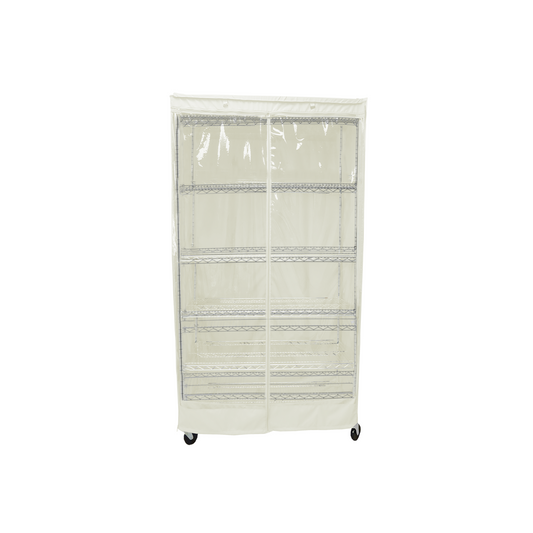 The Formosa Covers Storage Shelving Unit Cover, designed to fit racks measuring 30"W x 18"D x 72"H, features a beige water-repellent polyester fabric. The cover includes a zippered front panel that partially reveals the five-tiered shelves inside while the unit is easily movable thanks to its four black caster wheels.