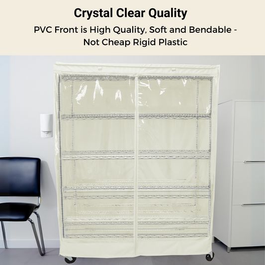 A Formosa Covers storage shelving unit with an off white polyester fabric cover and a clear PVC front panel reveals multiple wire shelves inside. The unit is equipped with caster wheels for enhanced mobility. Positioned nearby are a black chair and a white set of drawers. Above the unit, text highlights, "Crystal Clear Quality: PVC Front is High Quality, Soft and Bendable - Not Cheap Rigid Plastic.