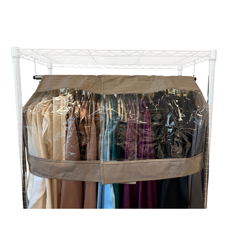 A freestanding garment rack filled with assorted long coats and dresses, protected by a beige-colored Formosa Covers Closet Rod and Portable Clothing Rack Shoulder Garment Dust Cover, adjustable to fit 26" to 48" long, featuring a clear plastic window. The clothing includes various colors such as tan, blue, purple, and darker shades, neatly arranged on hangers for optimal wardrobe protection.