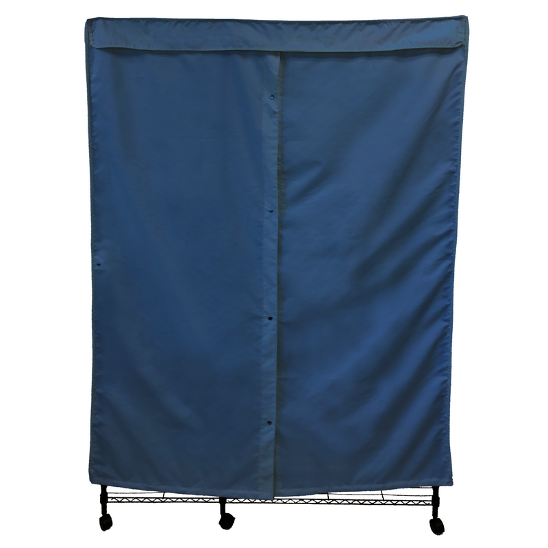 An image of a Formosa Covers Portable Garment Rack Cover in Dusty Blue, measuring 36"W x 18"D x 68"H, is draped over a black metal wire shelving unit with wheels. The fully zipped cover conceals the contents of the shelves and offers excellent clothing protection, while the wheeled base allows for easy mobility.