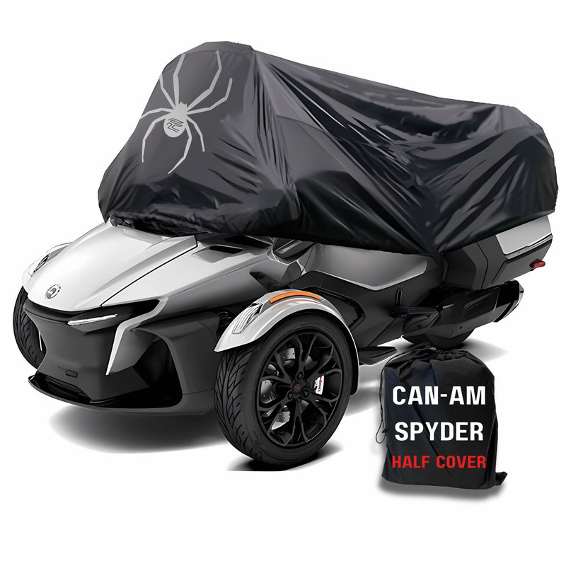 A Can-Am Spyder Touring Model motorcycle is partially covered with a black Formosa Covers half cover featuring a large spider design. The UV-treated fabric ensures durability, and the cover is waterproof. Next to the motorcycle, there’s a storage bag labeled "Formosa Covers Can-Am Spyder RT Half Cover for RT and ST Limited (2020).