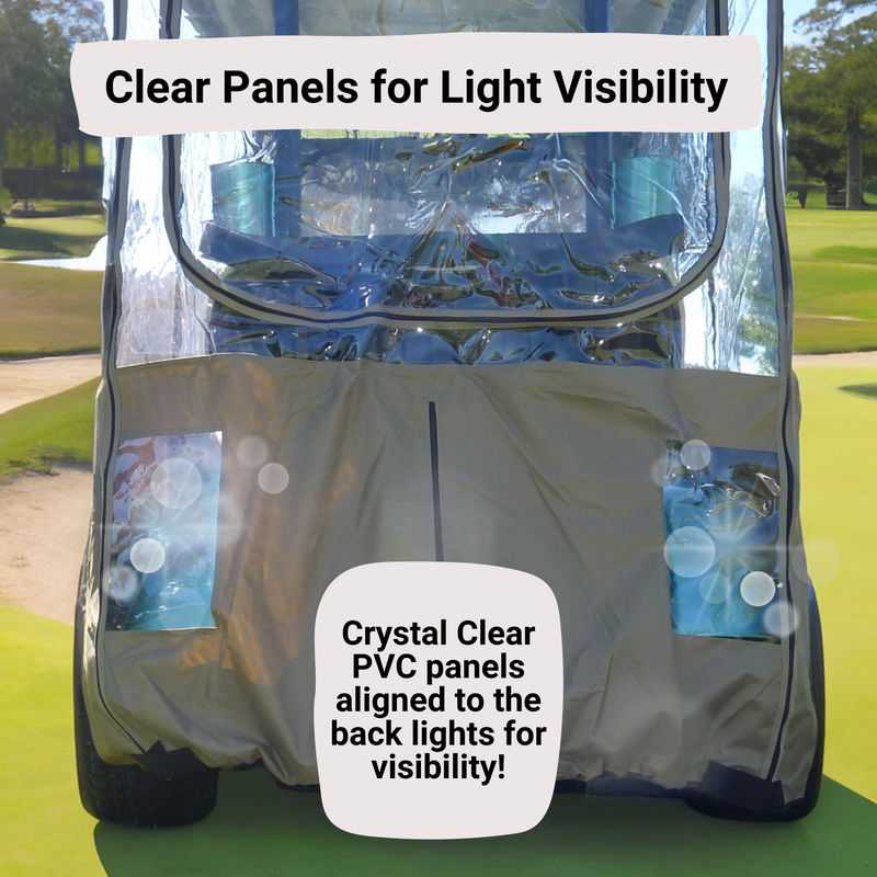 The Formosa Covers 2 Passenger Golf Cart Driving Enclosure Cover Exclusive for Yamaha Drive Model features clear, heavy-duty vinyl panels that allow excellent visibility of lights and surroundings. The text reads, "Clear Panels for Light Visibility" and "Crystal Clear PVC panels aligned to the back lights for visibility!" A Yamaha YDR cart is parked on a lush green golf course.