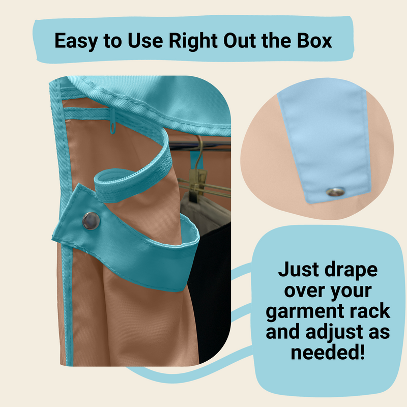 A Portable Garment Rack Cover in khaki with blue trim is shown hanging on a rack. Made by Formosa Covers from polyester fabric, it features a snap button for adjusting the fit. Text on the image reads, "Easy to Use Right Out the Box" and "Just drape over your garment rack and adjust as needed!" Perfect to protect clothing. The cover measures 36"W x 18"D x 68"H.