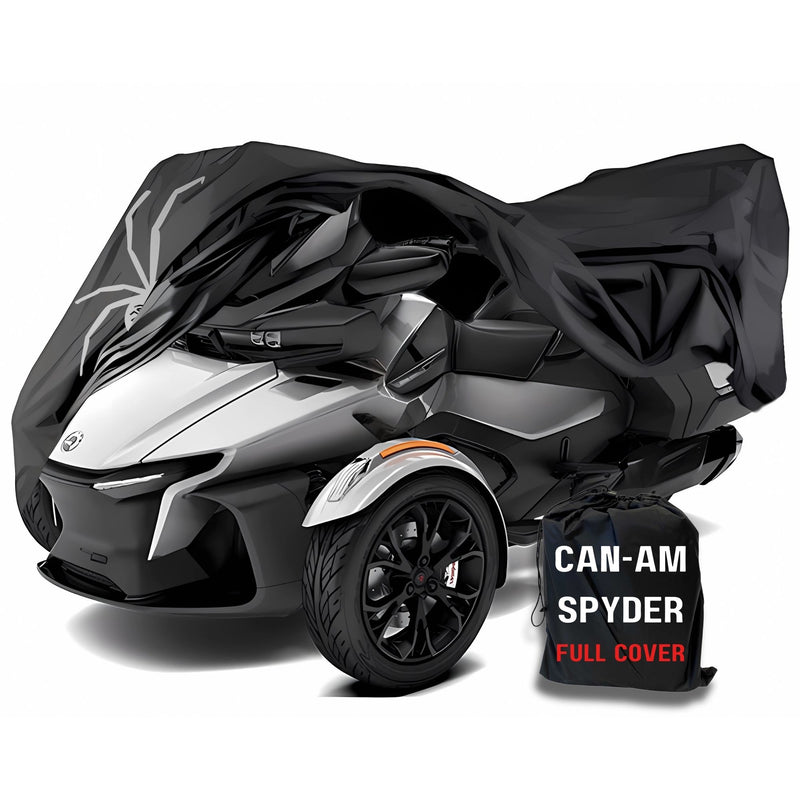 A Can-Am Spyder Touring Model RT and ST Limited (2020) three-wheeled motorcycle is partially covered with a black, waterproof protective cover from Formosa Covers. The cover reveals the sleek design of the front portion. A drawstring storage bag labeled "Can-Am Spyder Touring Model Full Cover" is placed next to it, highlighting essential Can-Am Spyder accessories.