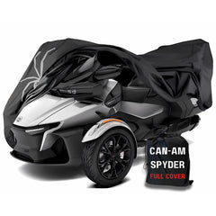 A Can-Am Spyder Touring Model RT and ST Limited (2020) three-wheeled motorcycle is partially covered with a black, waterproof protective cover from Formosa Covers. The cover reveals the sleek design of the front portion. A drawstring storage bag labeled 