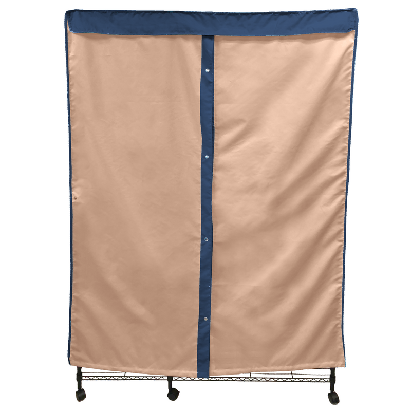 The Portable Garment Rack Cover 36"W x 16"D x 76"H Khaki with Dusty Blue Trim by Formosa Covers, crafted from washable polyester fabric, is placed on a metal wheeled rack. The khaki cover features a central vertical closure and is designed to protect clothing stored on the rack, which has four caster wheels for mobility.