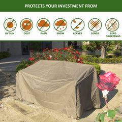 The rectangular outdoor furniture piece, the large patio loveseat bench cover from Formosa Covers, is fitted with a Classic Taupe protective cover made from heavy-duty vinyl backing. The backdrop showcases a house, flowering plants, and garden decor. Icons and text above indicate UV protection from dust, rain, snow, leaves, dings, and bird droppings.