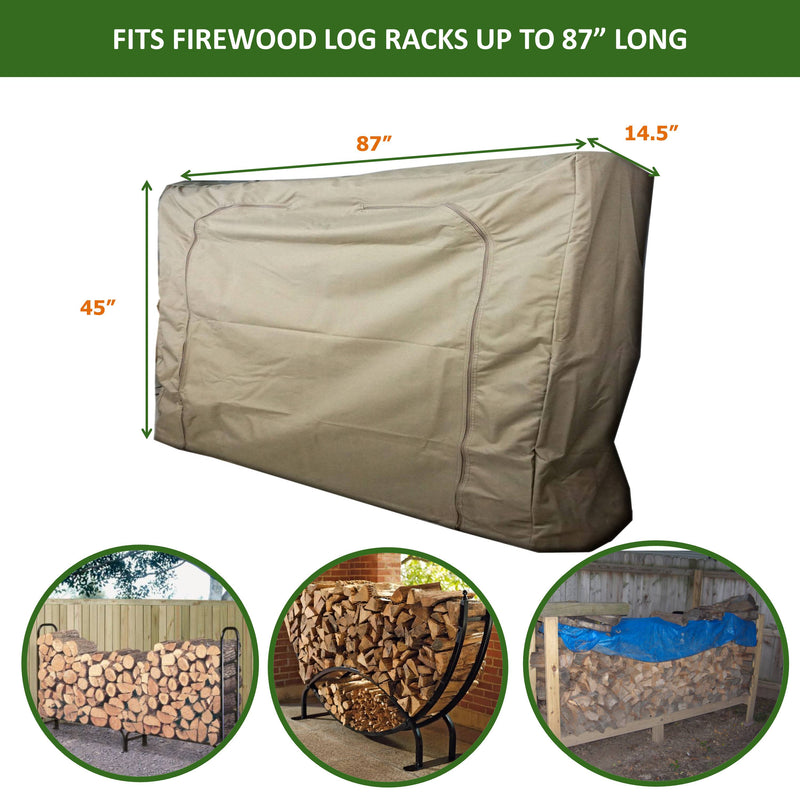 The Firewood Log Rack Outdoor and Indoor Cover from Formosa Covers, measuring 87" long, 45" high, and 14.5" deep, is depicted in tan. Below the cover are three images of firewood stacks: one against a wooden fence, one on a black metal rack, and one covered by a blue tarp in a woodshed. Green text at the top reads, "Fits firewood log racks up to...