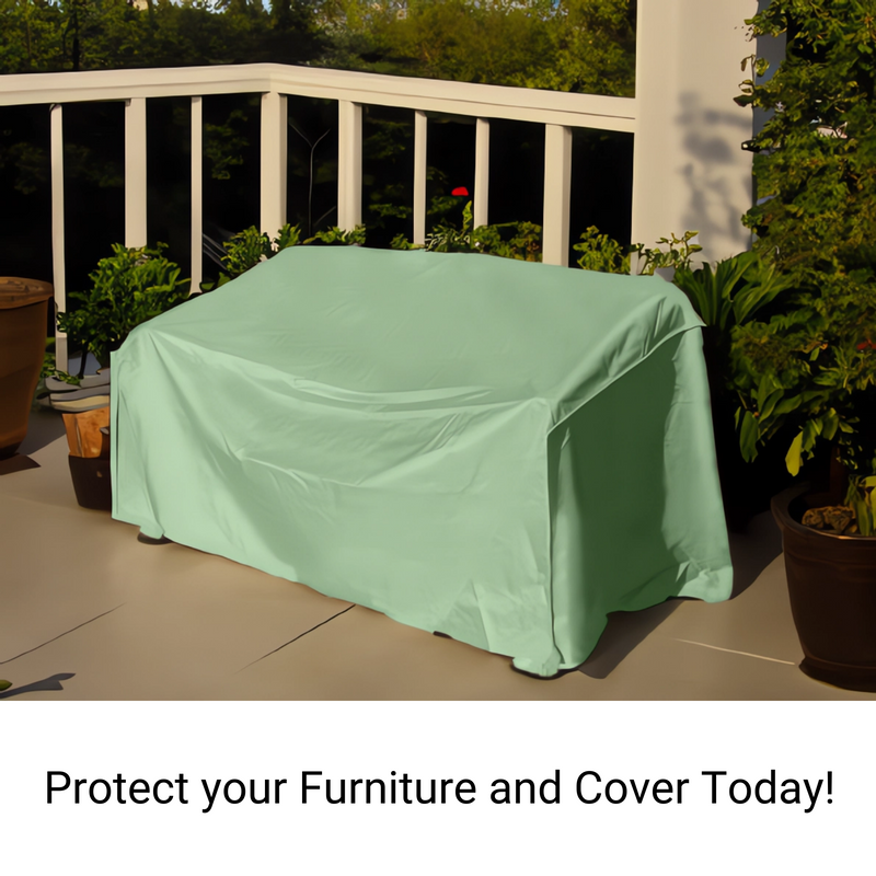 A piece of patio furniture, shielded by a Formosa Covers Patio Outdoor Sofa Cover Up to 80"L in Aspen Green, sits on a balcony surrounded by plants. Text at the bottom reads: "Protect your Furniture with Patio Furniture Covers and Cover Today!