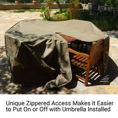 The wooden patio table and chairs set is partially shielded by a Formosa Covers Patio Set Cover, designed for round or square tables and chairs with dimensions of 96