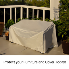 A covered piece of outdoor furniture on a patio surrounded by potted plants with greenery in the background. Text at the bottom reads, 