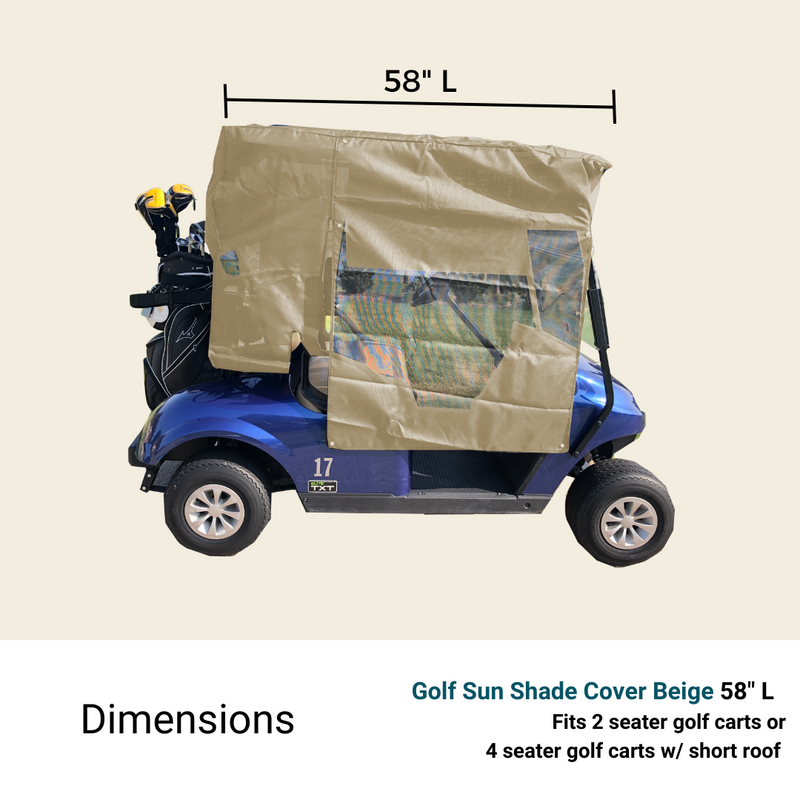 A blue golf cart is equipped with a Formosa Covers Golf Cart Sun Shade UV Mesh Top Cover, available in beige and measuring 58 inches in length. This sun shade, designed with a ventilating mesh panel, provides excellent UVA/UVB protection and is suitable for 2-seater or short-roof 4-seater golf carts. The image includes the text "Dimensions" alongside product details about the sun shade cover.