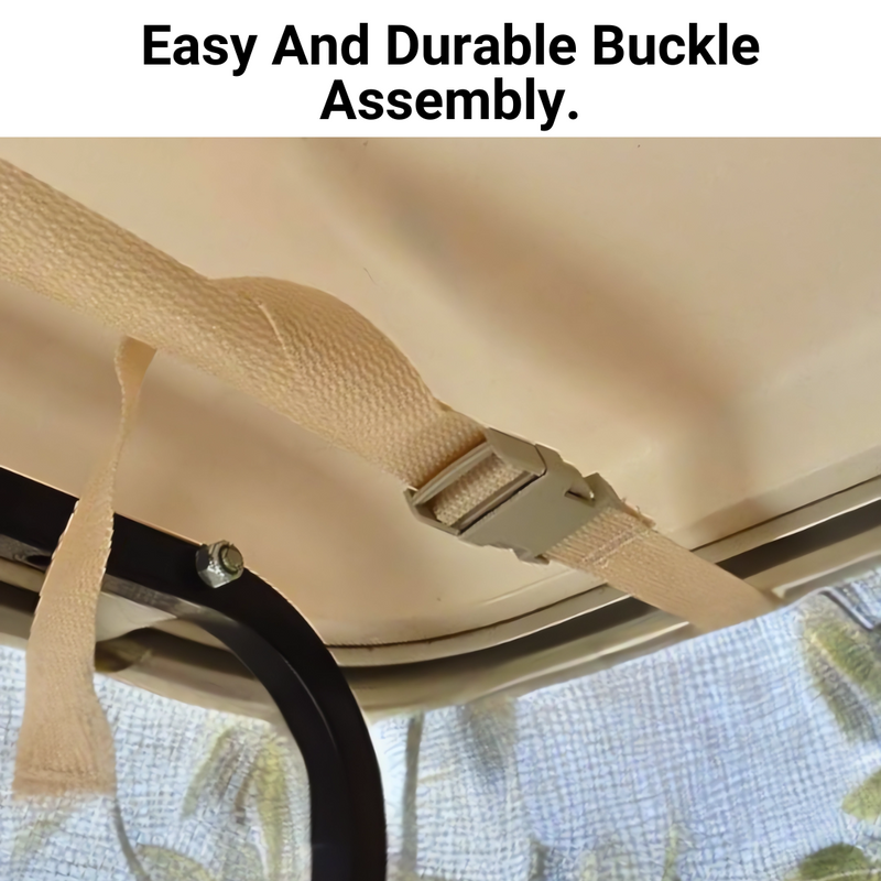 A close-up image showing the beige fabric strap and metal buckle assembly attached to the **Golf Cart Sun Shade UV Mesh Top Cover Exclusive For Yamaha Drive 70" Roof Beige** by **Formosa Covers** installed on a Yamaha Drive 4-seater golf cart. The background features a windshield with a tropical scene visible outside. Text at the top reads, "Easy And Durable Buckle Assembly.