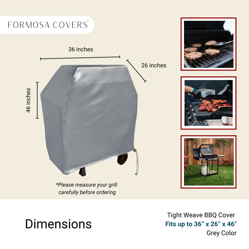 An image showcasing a Formosa Covers BBQ Outdoor Grill Cover made of waterproof grey vinyl. The main picture shows the cover with dimensions 36 inches long, 26 inches deep, and 46 inches high. Side images display covered and grilling BBQs. Text reads, "Fits up to 36”L x 26”D x 46”H Grey Color with all-weather protection.