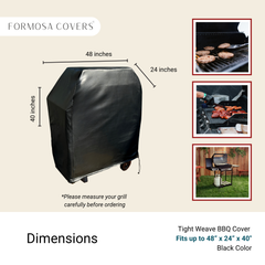 A black BBQ Outdoor Grill Cover from Formosa Covers is shown with dimensions of 48 inches in length, 24 inches in depth, and 40 inches in height. Made of durable black vinyl, it features a tight weave for heavy-duty coverage and all-weather protection. The image includes close-up photos of grilled food. Text advises measuring the grill before ordering.