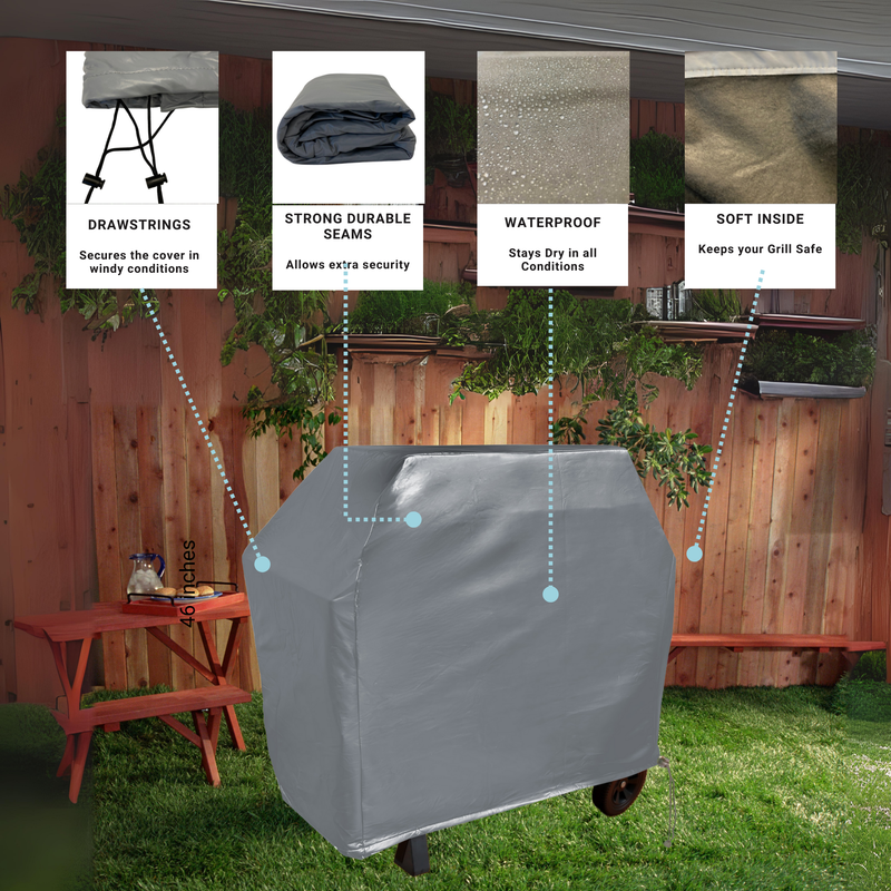 The Formosa Covers BBQ Outdoor Grill Cover, measuring 56"L x 25"D x 46"H in grey vinyl, is depicted shielding an outdoor grill on a green lawn. Text highlights its standout features: drawstrings for security, strong durable seams, waterproof material, and a soft interior. This heavy-duty cover is placed next to a wooden fence and patio furniture.