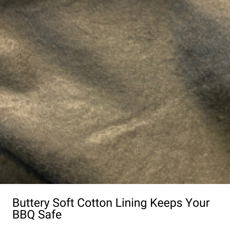 Close-up image showcasing the texture of a smooth, soft fabric. The lighting accentuates the material's delicate softness. Below the image, text reads: "Buttery Soft Cotton Lining Keeps Your BBQ Safe with All-Weather Protection." - Formosa Covers BBQ Outdoor Grill Cover 48"L x 24"D x 40"H Grey Vinyl.