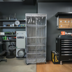 A tidy storage room features shelves covered with the Storage Shelving Unit Cover from Formosa Covers, which fits racks measuring 24