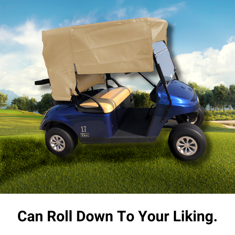 A beige Golf Cart Sun Shade UV Mesh Top Cover for a 58" short roof from Formosa Covers on a blue golf cart, parked on a grassy field under a bright blue sky with scattered clouds. The text below the image reads, "Can Roll Down To Your Liking." Featuring UV protection and an innovative mesh panel design, this golf cart shade sets the standard for comfort.