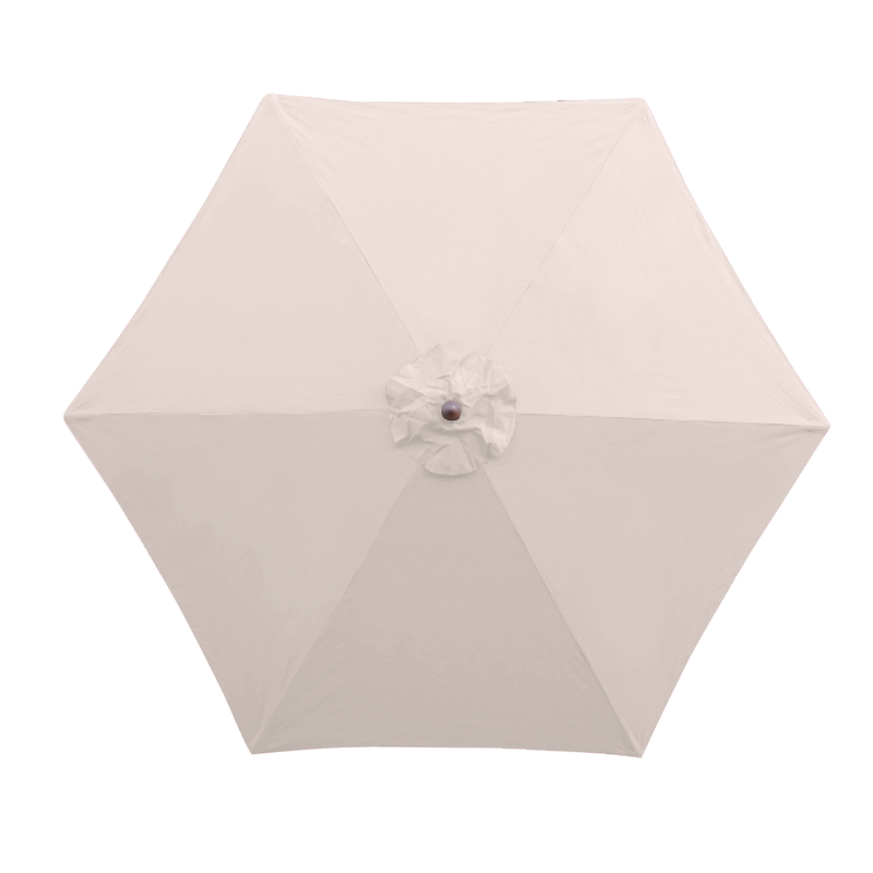 A top view of a white, hexagonal 9ft Market Patio Umbrella from Formosa Covers is slightly angled to the right. It features a central hub where a decorative cloth piece is attached. The 6-rib replacement canopy is made of durable polyester fabric with six distinct panels converging at the central point.