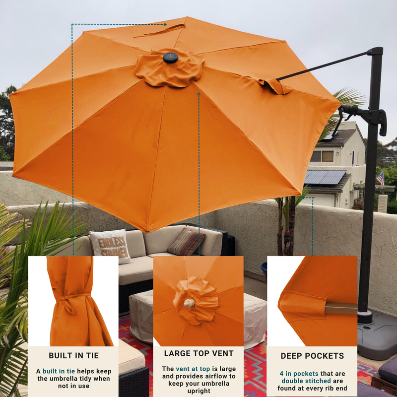 The 11ft Cantilever Supported Bar Umbrella 8 Rib Replacement Canopy in Tuscan Orange by Formosa Covers is showcased standing prominently on a patio, surrounded by outdoor furniture. Its durable, UV-treated canopy features a built-in tie, large top vent, and deep pockets. Text overlays highlight these features with labels displaying "BUILT-IN TIE," "LARGE TOP VENT," and "DEEP POCKETS.