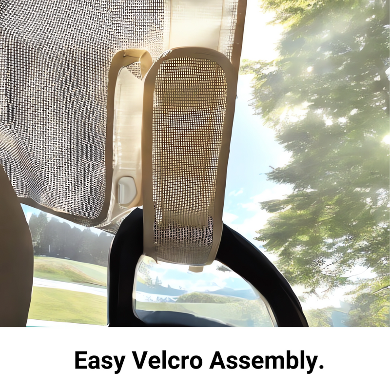 A close-up of a Velcro strap securing a piece of mesh and fabric, set against a background of trees and sunlight. Below the image, the text reads, "Easy Velcro Assembly with UV Protection" - Formosa Covers Golf Cart Sun Shade UV Mesh Top Cover for 58" Short Roof Beige.